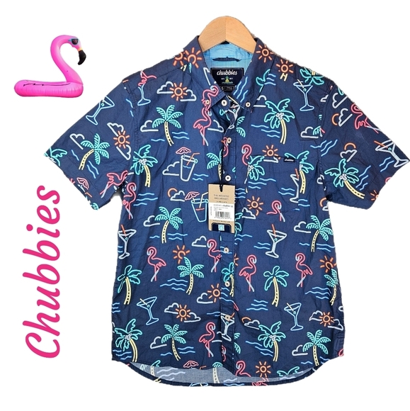 Chubbies Shirt Mens Sz S The One Man Wolf Pack Neon Look Flamingo and Palm Trees - Picture 1 of 12